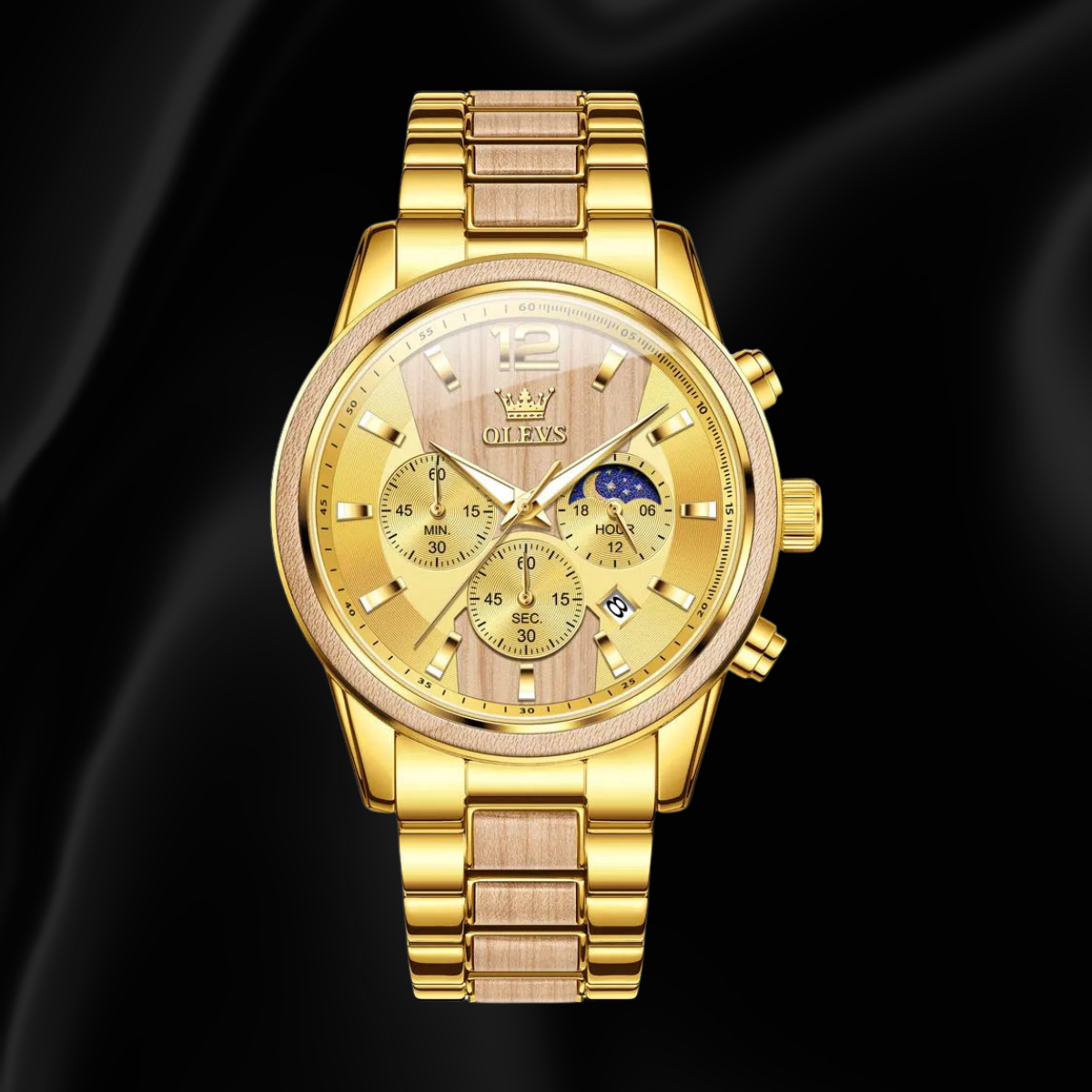 OLEVS Gold Men’s Chronograph Quartz Watch with Wooden Center & Moon Phase