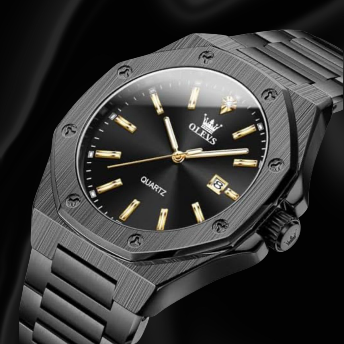 OLEVS Black Men’s Quartz Watch with Octagonal Dial & Date