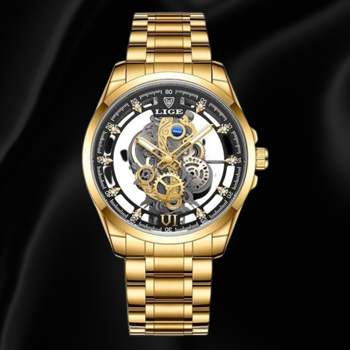 Men’s Waterproof Sport Quartz Watch with Hollow Dial, Stainless Steel Strap & Luminous Hands