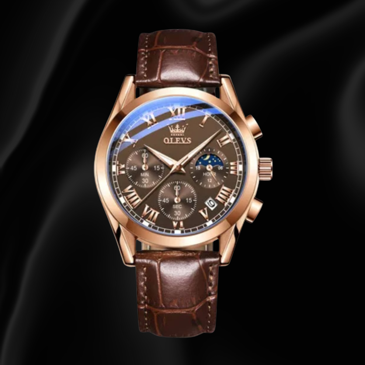 OLEVS Men’s Brown Leather Chronograph Quartz Watch with Moon Phase, Date Display & Luminous Dial
