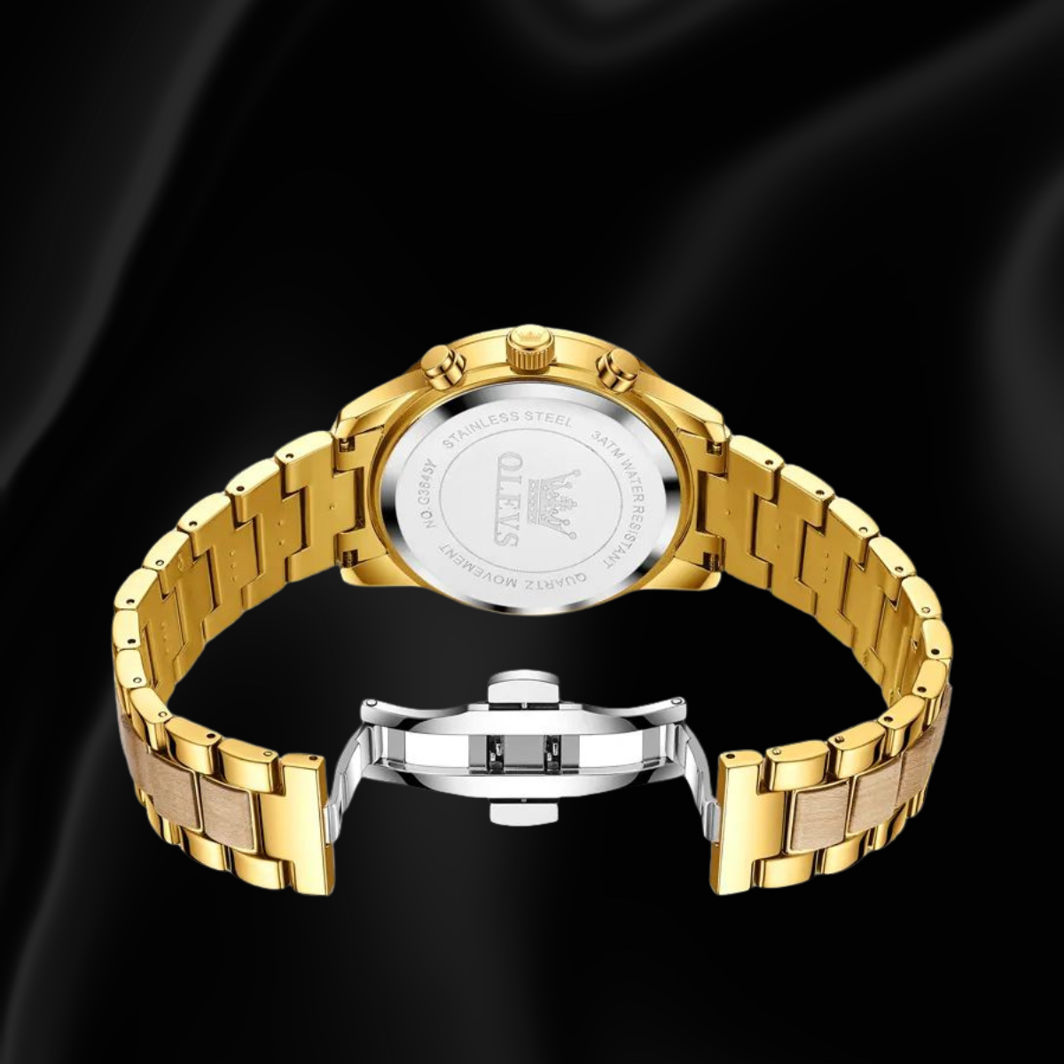 OLEVS Gold Men’s Chronograph Quartz Watch with Wooden Center & Moon Phase