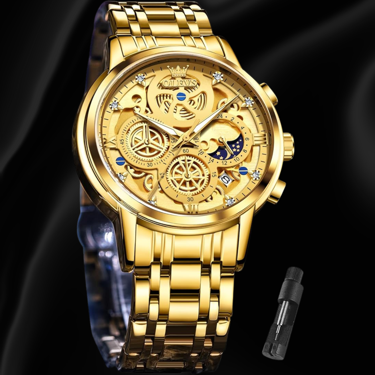 OLEVS Gold Men’s Chronograph Quartz Watch with Sun & Moon Dial