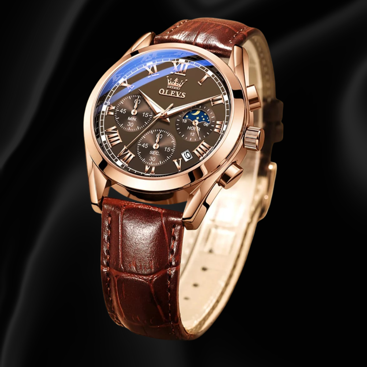 OLEVS Men’s Brown Leather Chronograph Quartz Watch with Moon Phase, Date Display & Luminous Dial