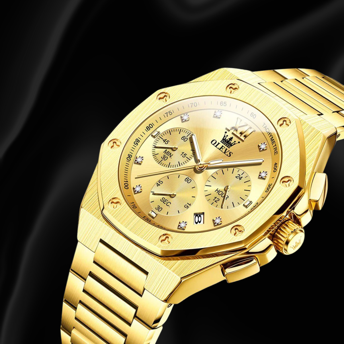 OLEVS Gold Men’s Quartz Watch with Octagonal Black Dial & Date Display