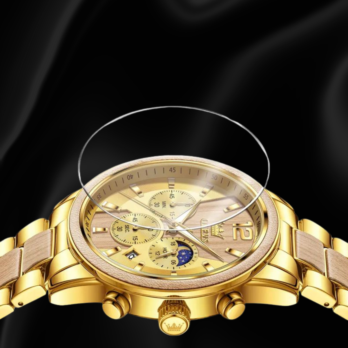 OLEVS Gold Men’s Chronograph Quartz Watch with Wooden Center & Moon Phase