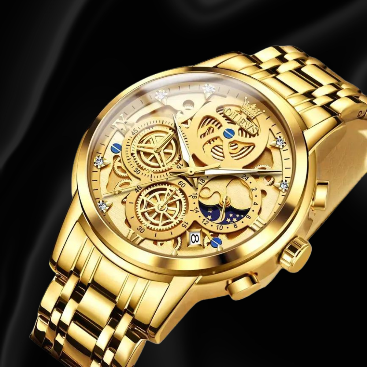 OLEVS Gold Men’s Chronograph Quartz Watch with Sun & Moon Dial