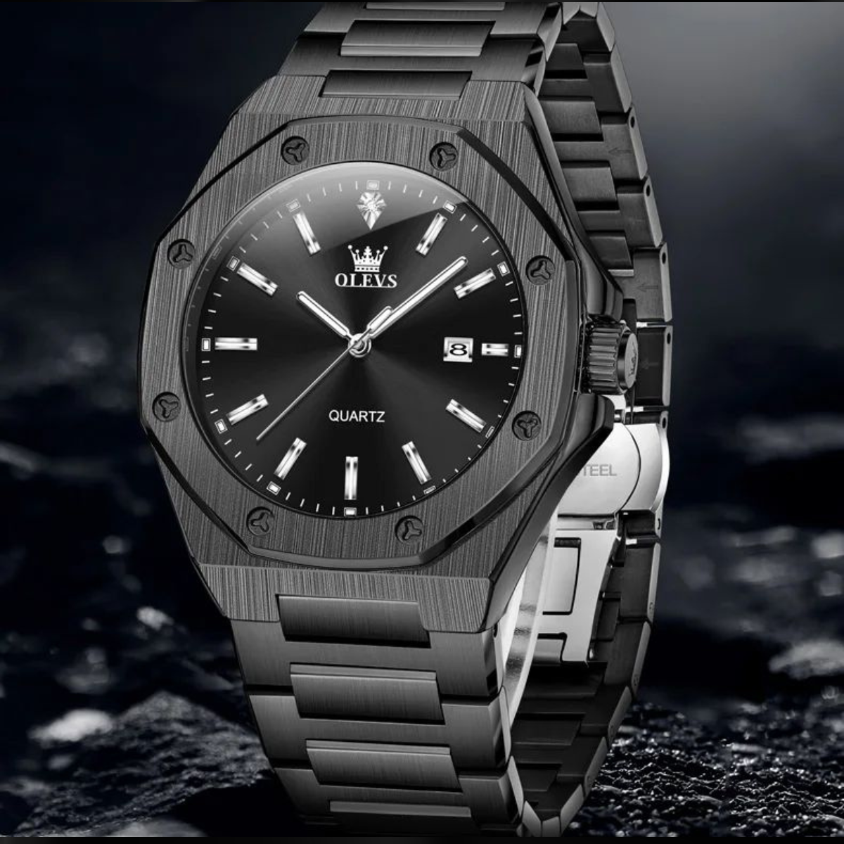 OLEVS Black Men’s Quartz Watch with Octagonal Dial & Date