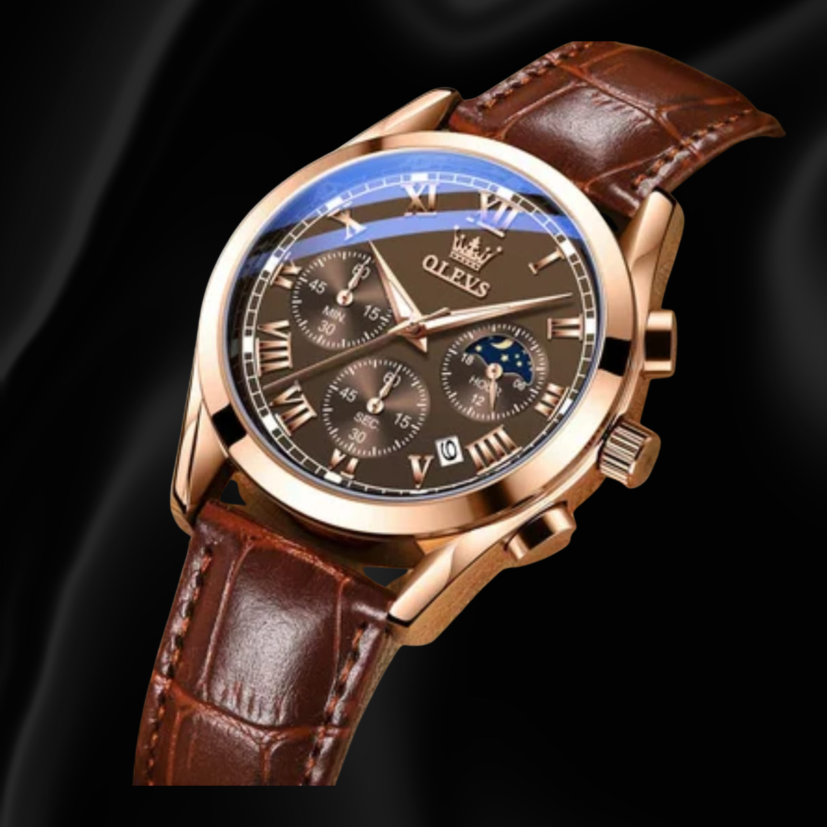 OLEVS Men’s Brown Leather Chronograph Quartz Watch with Moon Phase, Date Display & Luminous Dial