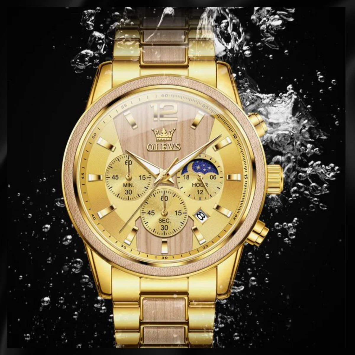 OLEVS Gold Men’s Chronograph Quartz Watch with Wooden Center & Moon Phase