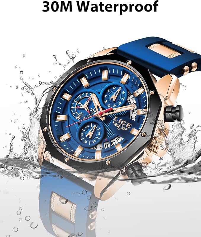 LIGE Men’s Chronograph Quartz Watch – Blue & Gold Dial, Silicone Strap, Waterproof Business Watch