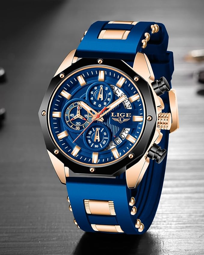 LIGE Men’s Chronograph Quartz Watch – Blue & Gold Dial, Silicone Strap, Waterproof Business Watch