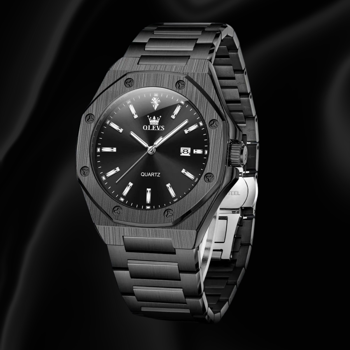 OLEVS Black Men’s Quartz Watch with Octagonal Dial & Date