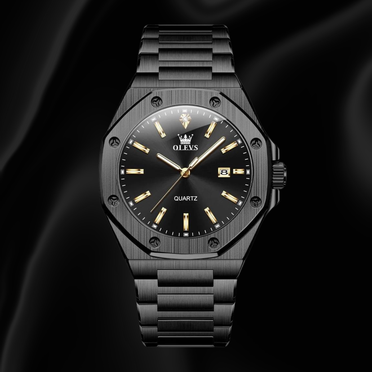 OLEVS Black Men’s Quartz Watch with Octagonal Dial & Date