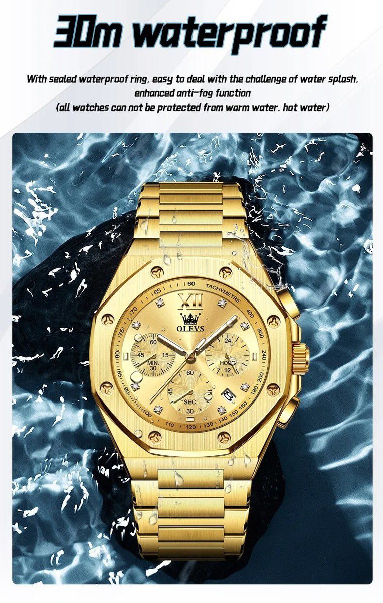 OLEVS Gold Men’s Quartz Watch with Octagonal Black Dial & Date Display