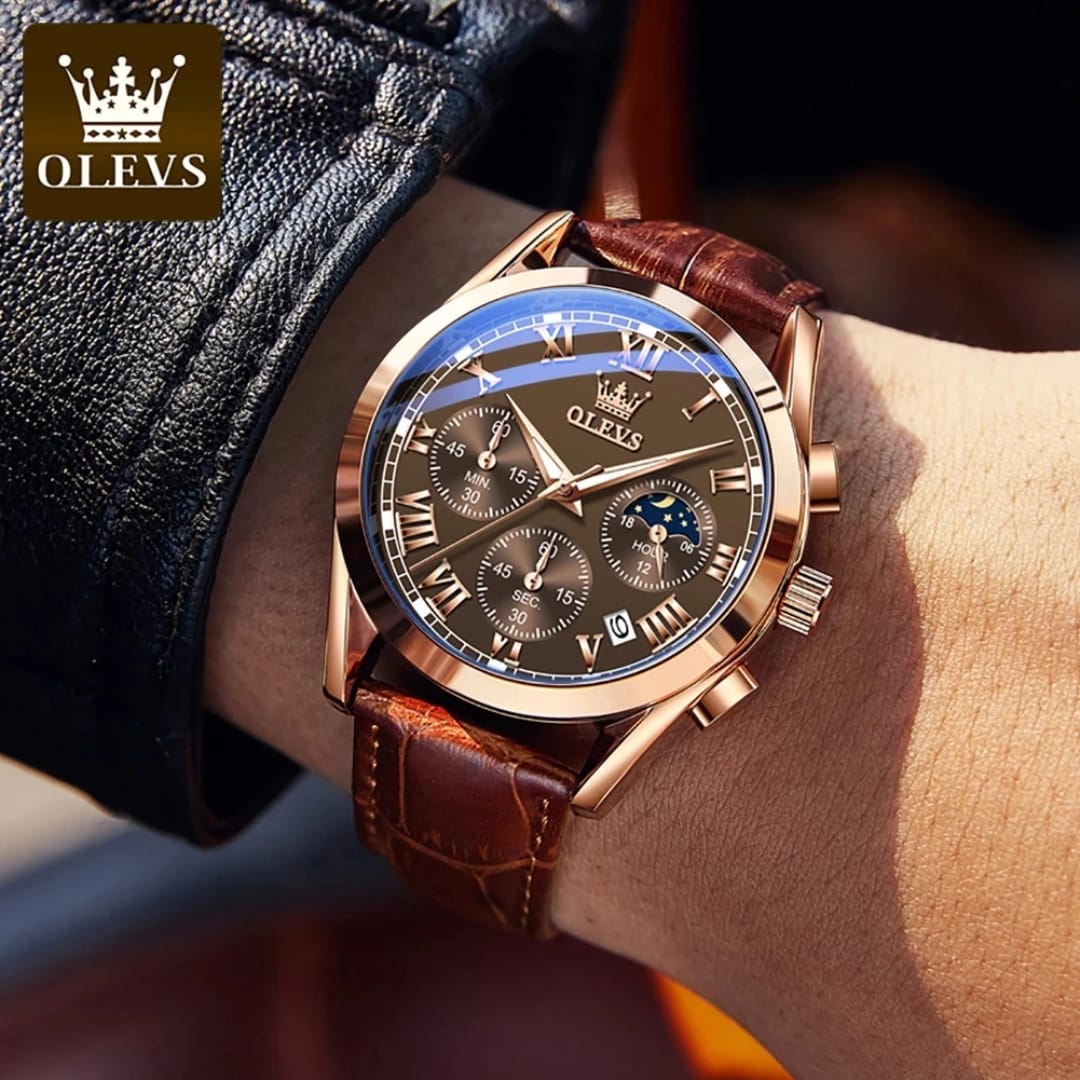 OLEVS Men’s Brown Leather Chronograph Quartz Watch with Moon Phase, Date Display & Luminous Dial