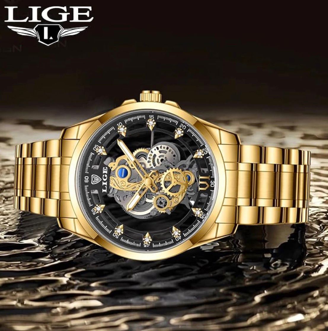 Men’s Waterproof Sport Quartz Watch with Hollow Dial, Stainless Steel Strap & Luminous Hands