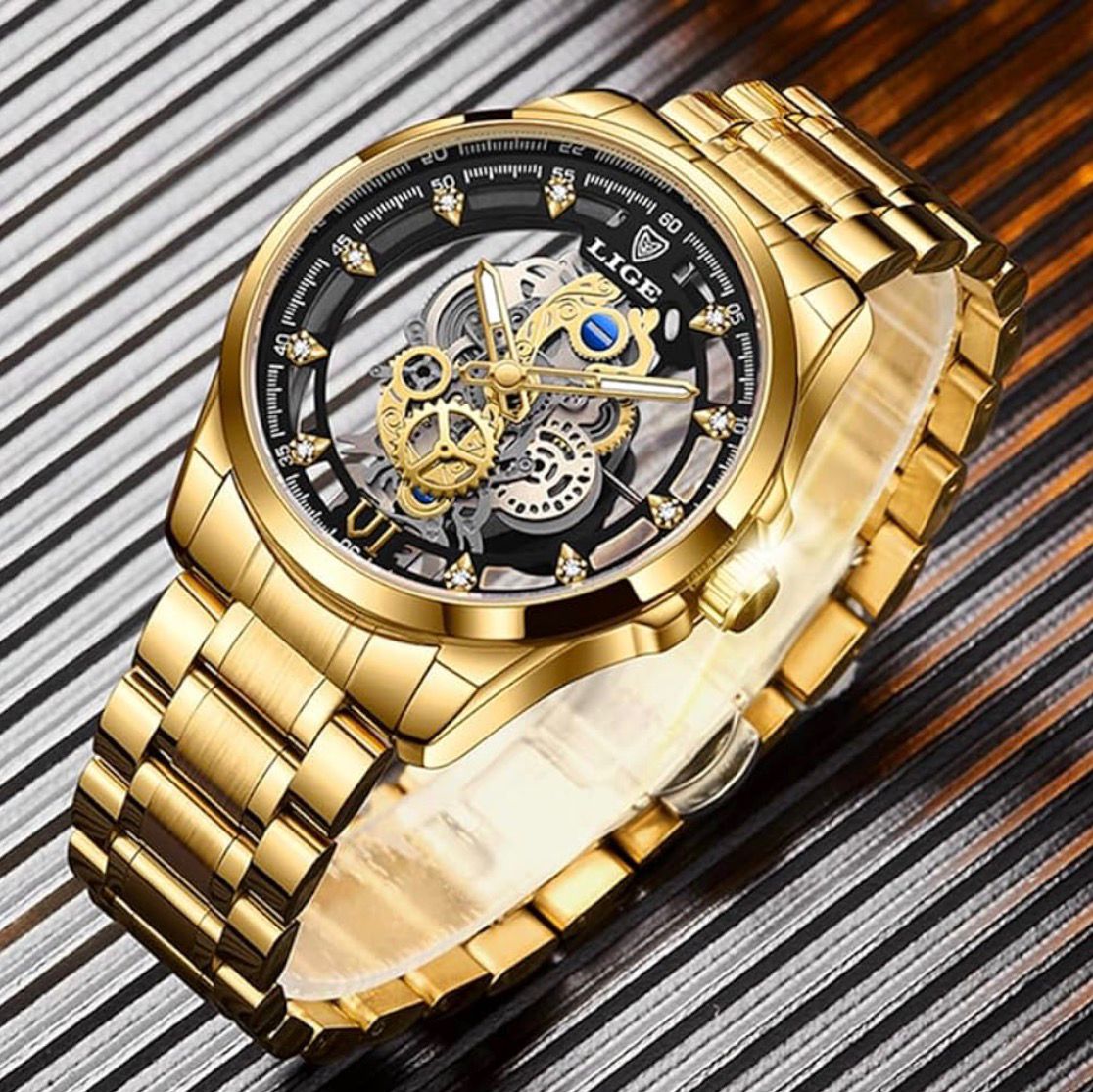 Men’s Waterproof Sport Quartz Watch with Hollow Dial, Stainless Steel Strap & Luminous Hands