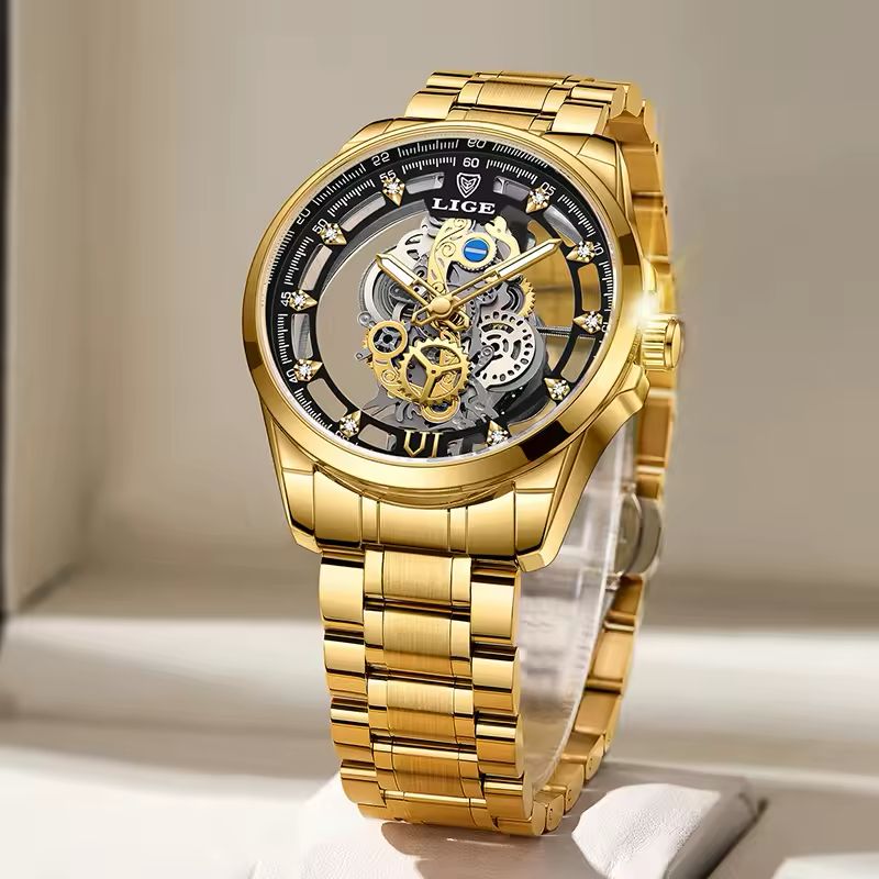 Men’s Waterproof Sport Quartz Watch with Hollow Dial, Stainless Steel Strap & Luminous Hands