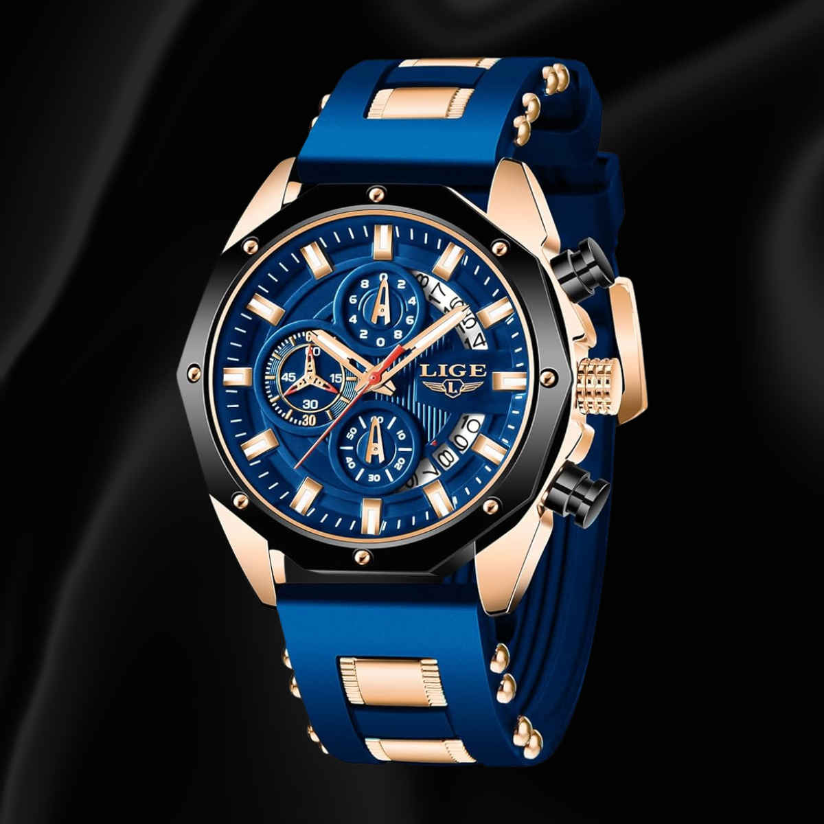 LIGE Men’s Chronograph Quartz Watch – Blue & Gold Dial, Silicone Strap, Waterproof Business Watch