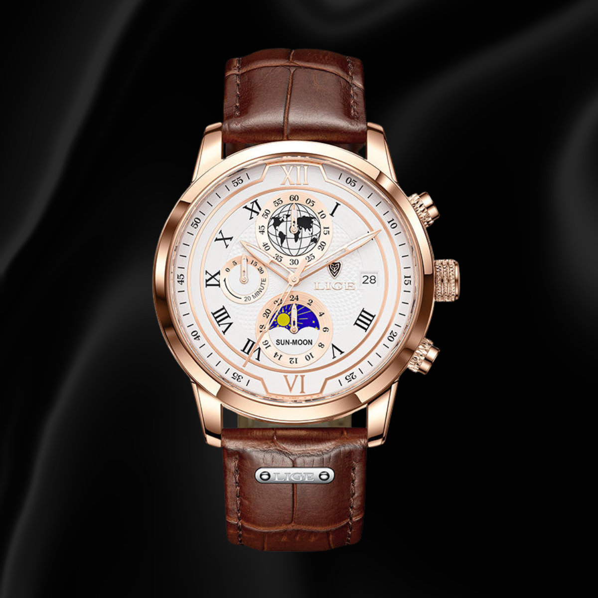 Men’s 43mm Chronograph Quartz Watch with Leather Strap, Moon Phase & 3ATM Water Resistance