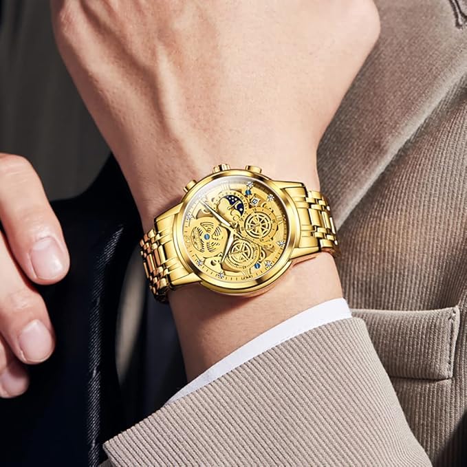 OLEVS Gold Men’s Chronograph Quartz Watch with Sun & Moon Dial