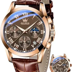 OLEVS Men’s Brown Leather Chronograph Quartz Watch with Moon Phase, Date Display & Luminous Dial