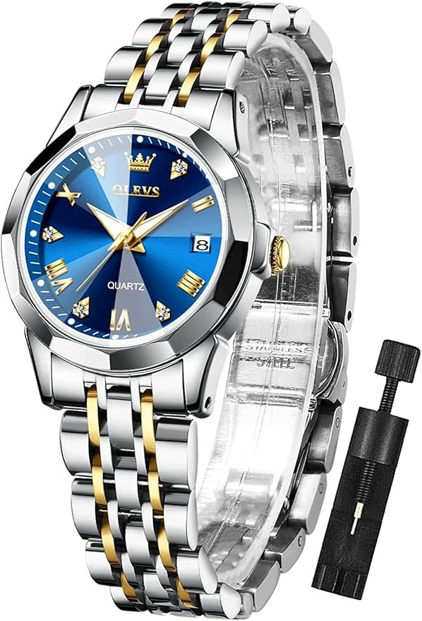 OLEVS Women’s Luxury Diamond Quartz Watch with Blue Dial