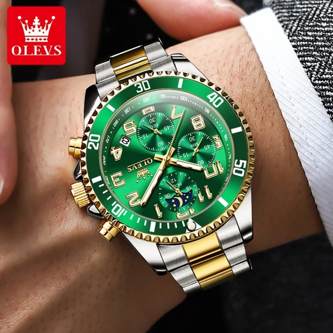 OLEVS Two-Tone Gold & Silver Men’s Quartz Watch with Green Dial - Image 2