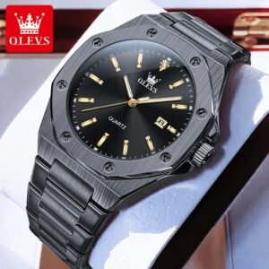 OLEVS Gold Men’s Quartz Watch with Octagonal Black Dial & Date Display