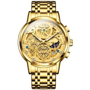 OLEVS Gold Men’s Chronograph Quartz Watch with Sun & Moon Dial