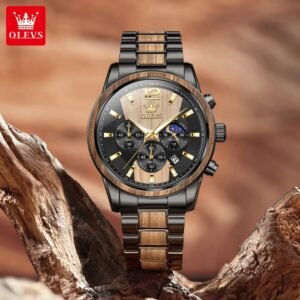 OLEVS Men’s Chronograph Quartz Black Watch with Wooden Center & Moon Phase