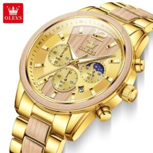 OLEVS Gold Men’s Chronograph Quartz Watch with Wooden Center & Moon Phase