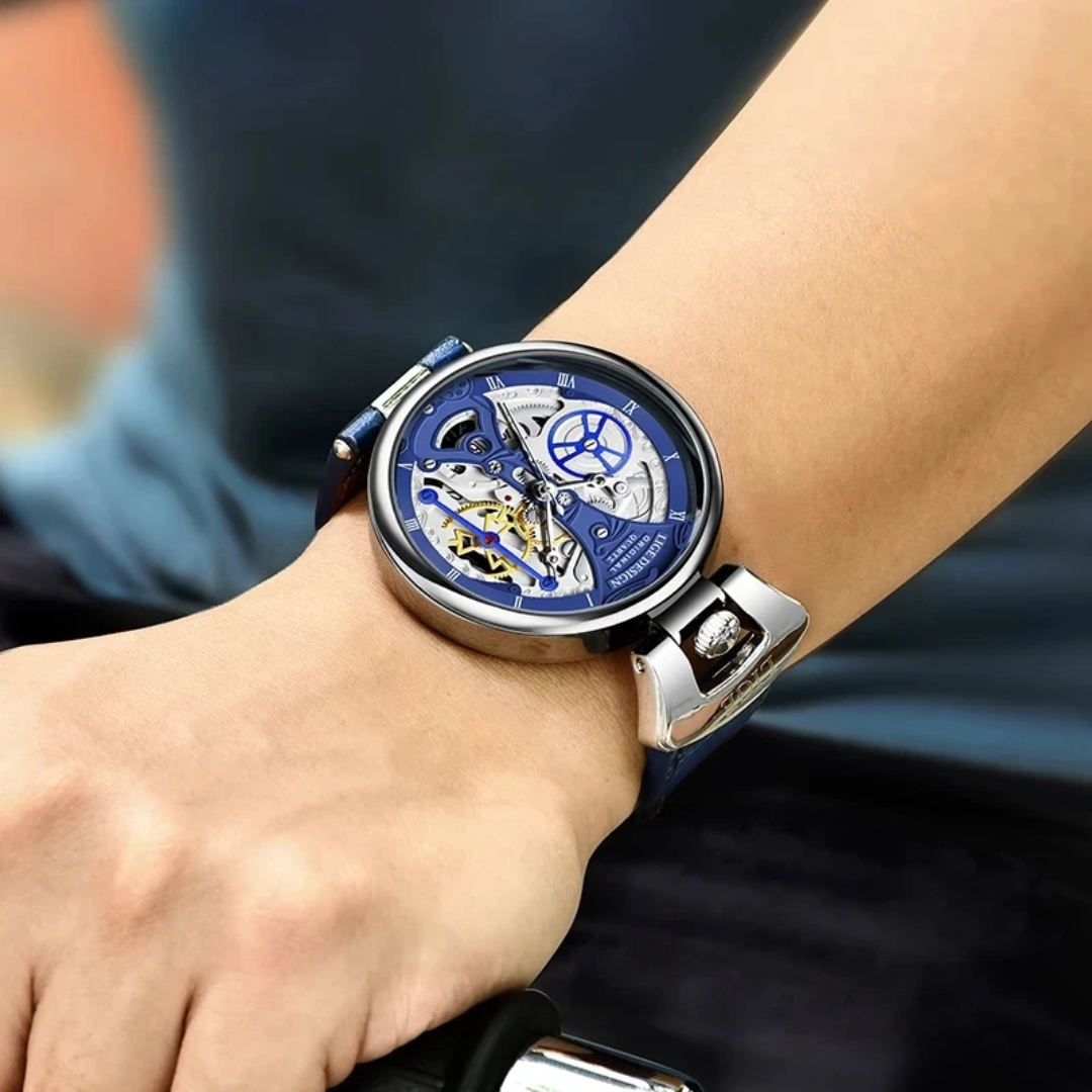 LIGE Skeleton Quartz Watch – Blue Leather Luxury Design UAE - Image 4