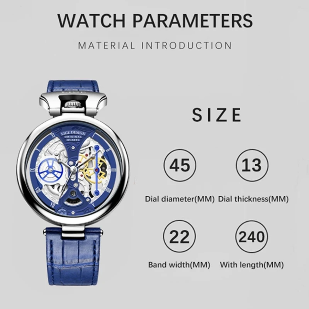 LIGE Skeleton Quartz Watch – Blue Leather Luxury Design UAE - Image 3
