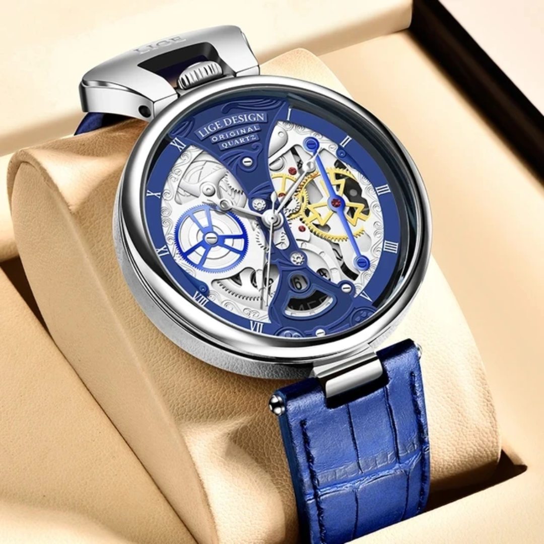 LIGE Skeleton Quartz Watch – Blue Leather Luxury Design UAE - Image 2