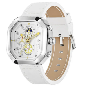 LIGE Square Luxury Quartz Watch – White Leather Strap UAE