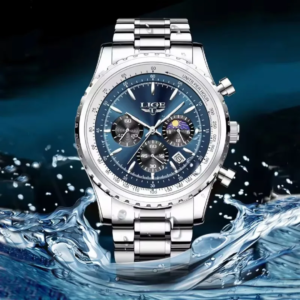 LIGE Luxury Blue Dial Chronograph Watch for Men – Stainless Steel Waterproof Wristwatch