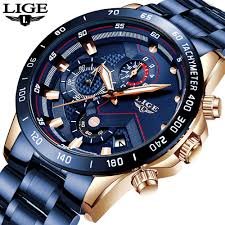 LIGE Men’s Chronograph Quartz Watch – Blue & Gold Dial, Silicone Strap, Waterproof Business Watch