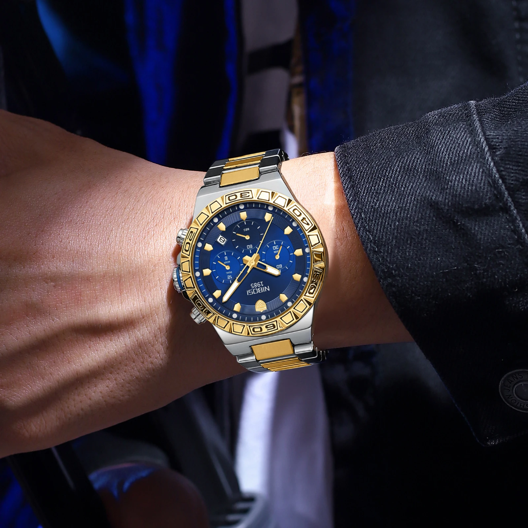 NIBOSI 1985 Luxury Chronograph Watch – Blue Dial & Gold-Tone Stainless Steel - Image 3