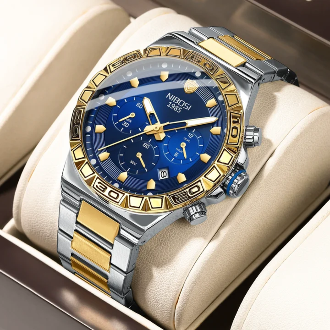 NIBOSI 1985 Luxury Chronograph Watch – Blue Dial & Gold-Tone Stainless Steel - Image 4