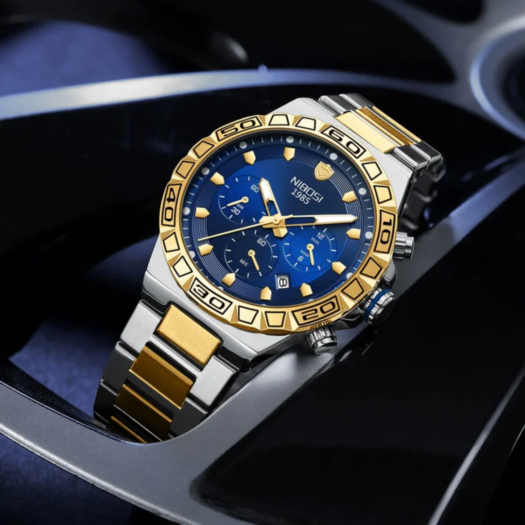 NIBOSI 1985 Luxury Chronograph Watch – Blue Dial & Gold-Tone Stainless Steel - Image 2