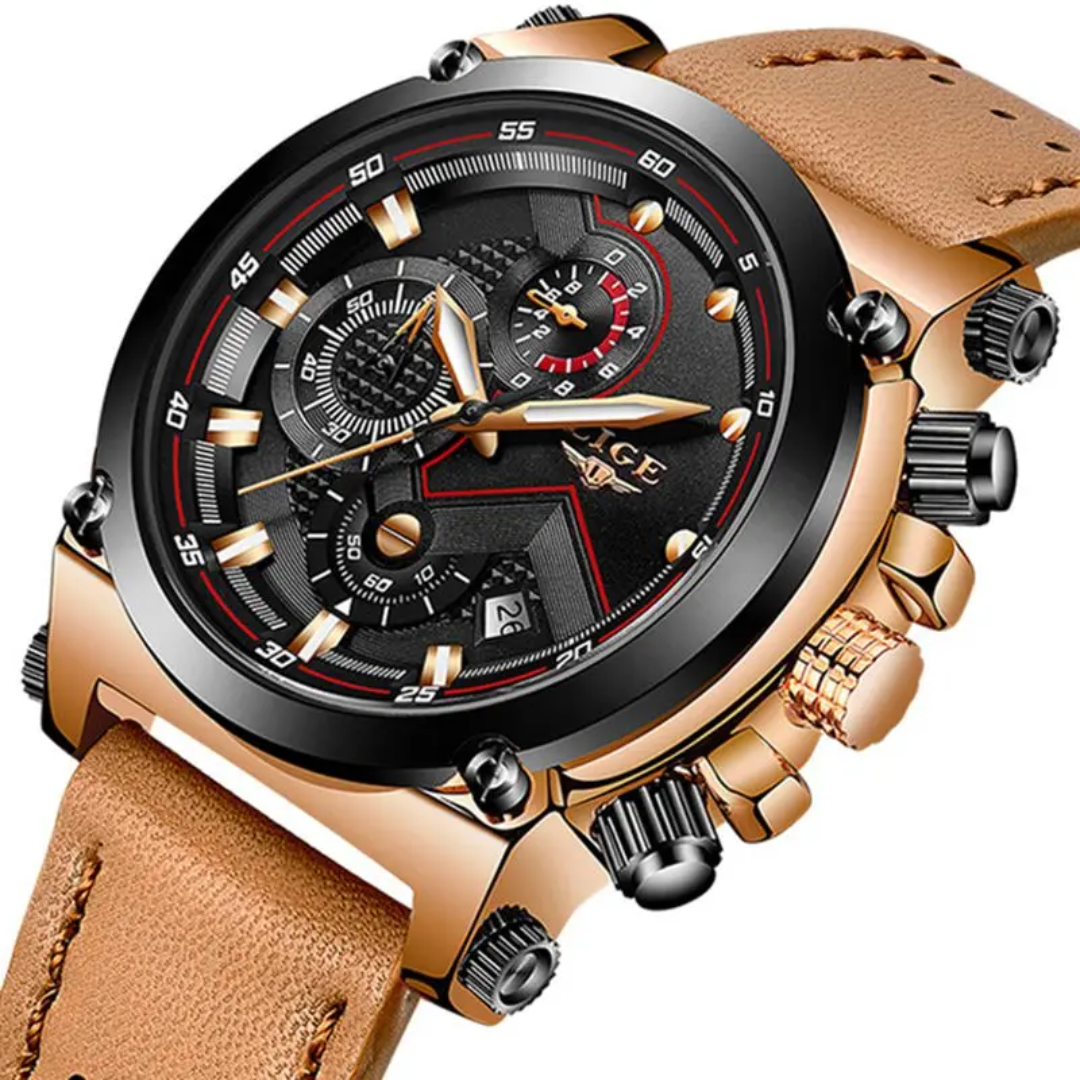 LIGE Chronograph Leather Strap Watch