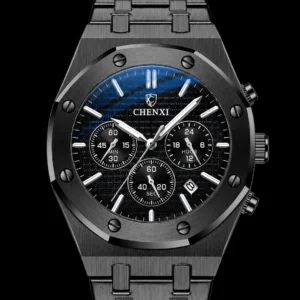 CHENXI black chronograph quartz watch for men with stainless steel bracelet