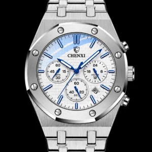 CHENXI silver chronograph watch for men with stainless steel strap