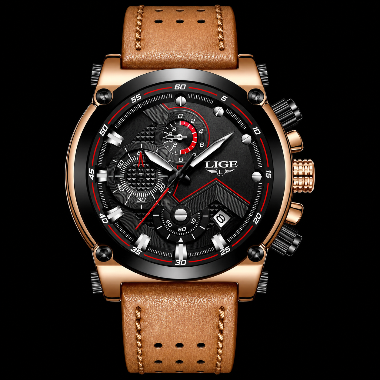 LIGE Chronograph Leather Strap Watch